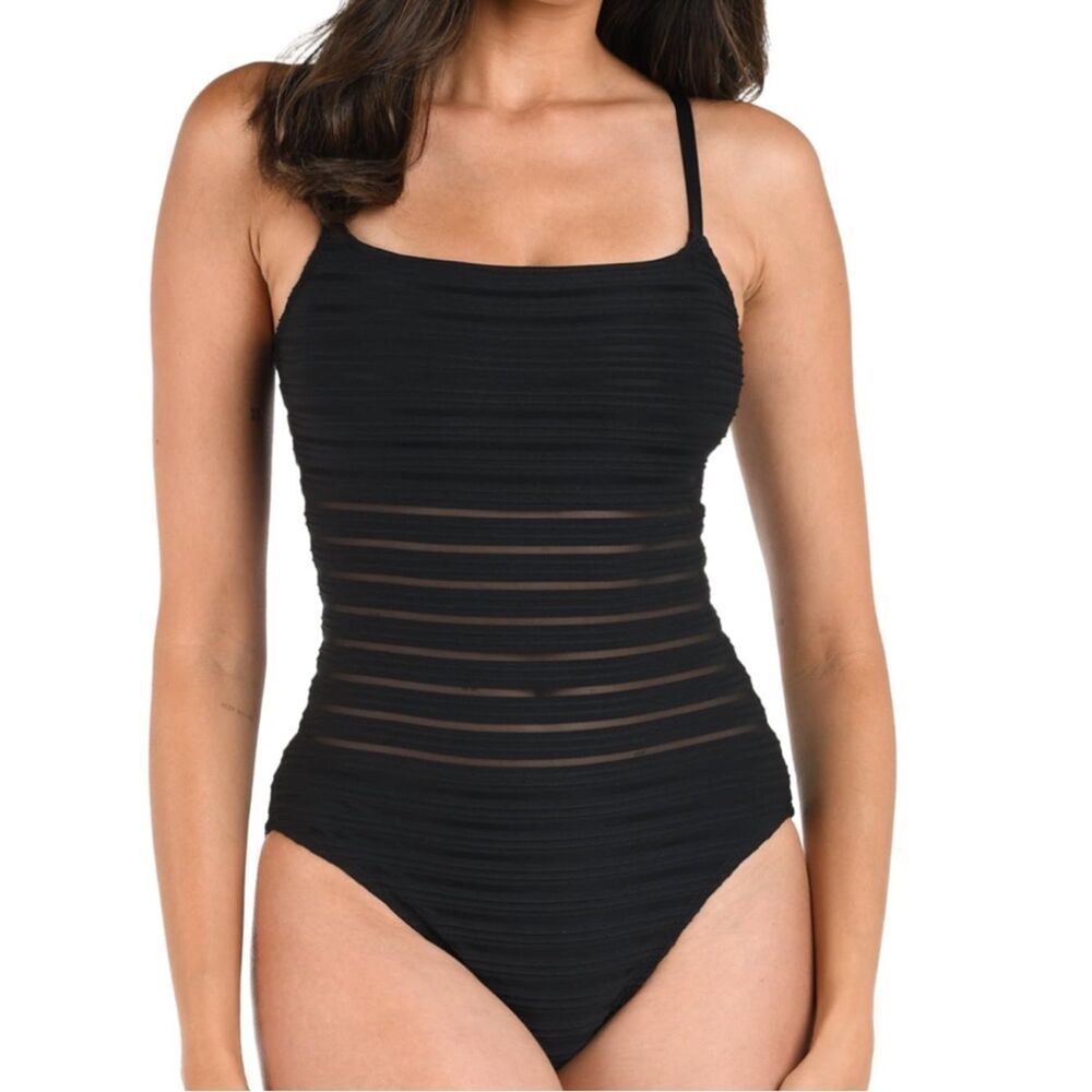 La Blanca Women's Lingerie One Piece Swimsuit, Black//Fluid Lines, Size 10